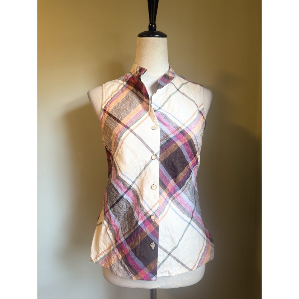 St.Tropez West Linen stripe Short Sleeve Shirt retro Boho Cottagecore Whimsi‎